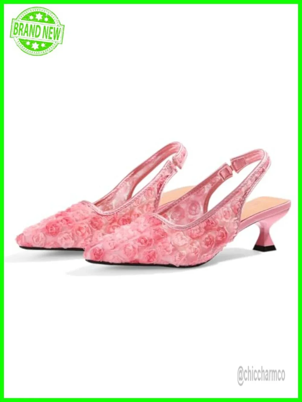Women's Kitten Heels Lace Slingback Pointed Toe Floral Mesh Low Heel Dress